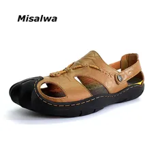 Misalwa/мужские повседневные кожаные пляжные сандалии с защитным носком; Цвет хаки, коричневый; мужские повседневные сандалии; Мужская Летняя обувь; Лидер продаж