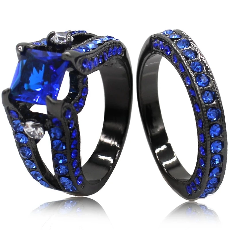Size 4 12 Black Blue Cubic Zircon Engagement Princess Cut Crystal Ring ...