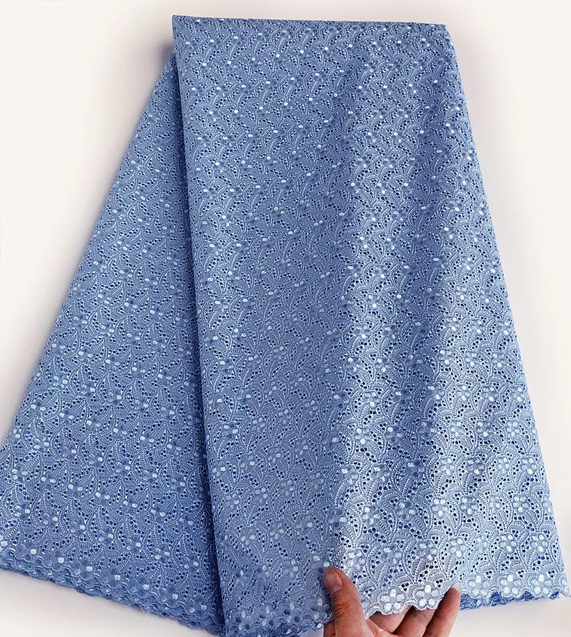 

powder blue Intricate eyelet embroidery African Swiss voile lace Real polish cotton fabric excellent high quality 5 yards Soft