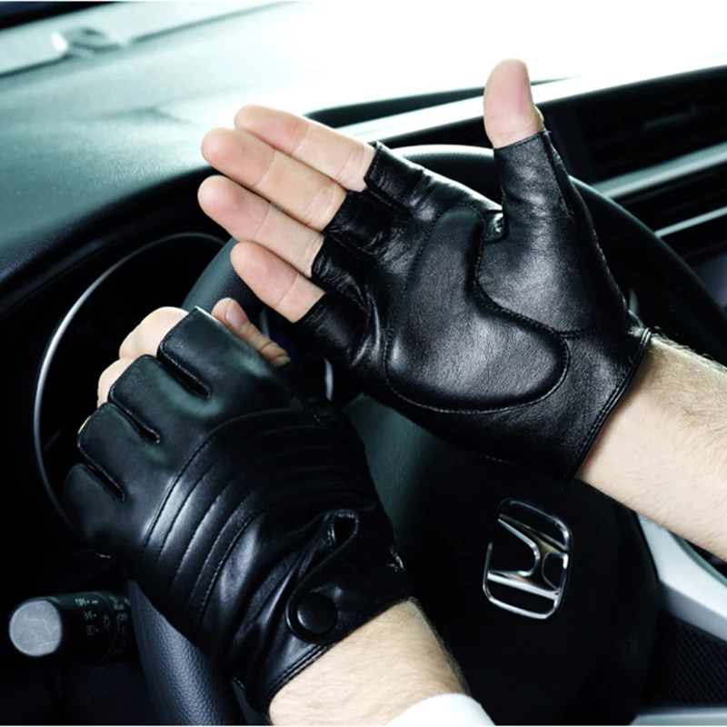 NEW Genuine Leather Semi-Finger Men Gloves Classic Black Half Finger Sheepskin Fashion Trend Driving Leather Gloves TB02