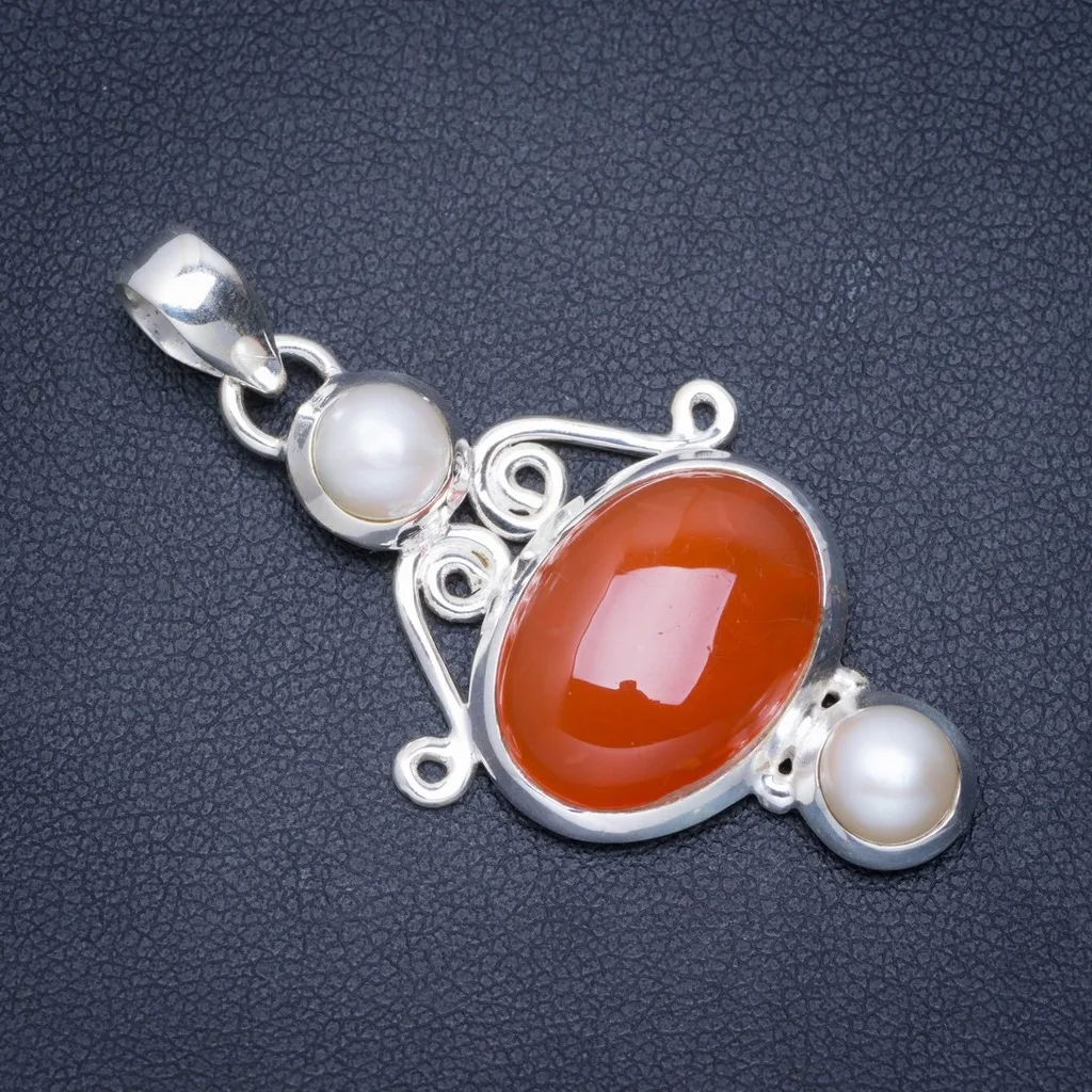 

Natural Carnelian and River Pearl Handmade Unique 925 Sterling Silver Pendant 2" A0221