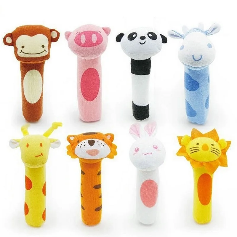 Murah Baru Bayi Rattle Mainan Bibi Bar Hewan Squeaker Mainan Bayi Boneka Tangan Pencerahan Plush Boneka 8 Desain KF983