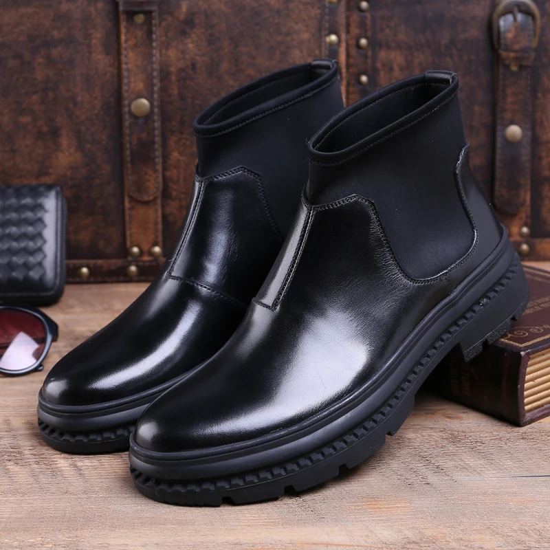 Cheval Mode Bout Main De Cow Designer boy Homme Plate top Chaussures Haute En Rond Cheville Chlesea Noir La Bottes forme À Cuir Véritable Hommes Js72 7fy6bg