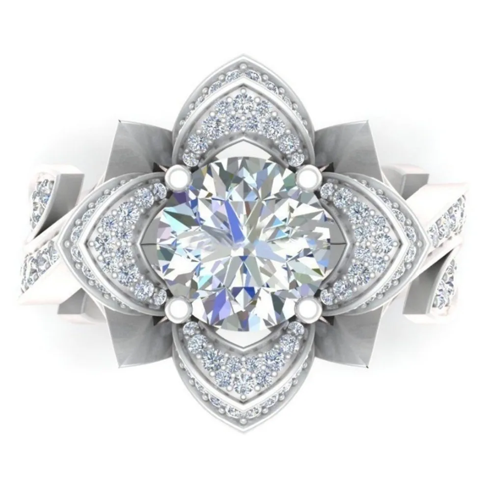 Austrian Crystal Jewelry Cubic Zirconia Rose Flower Wedding Rings Silver Leaf Round Cut Clear Ring Stainless Steel for Women