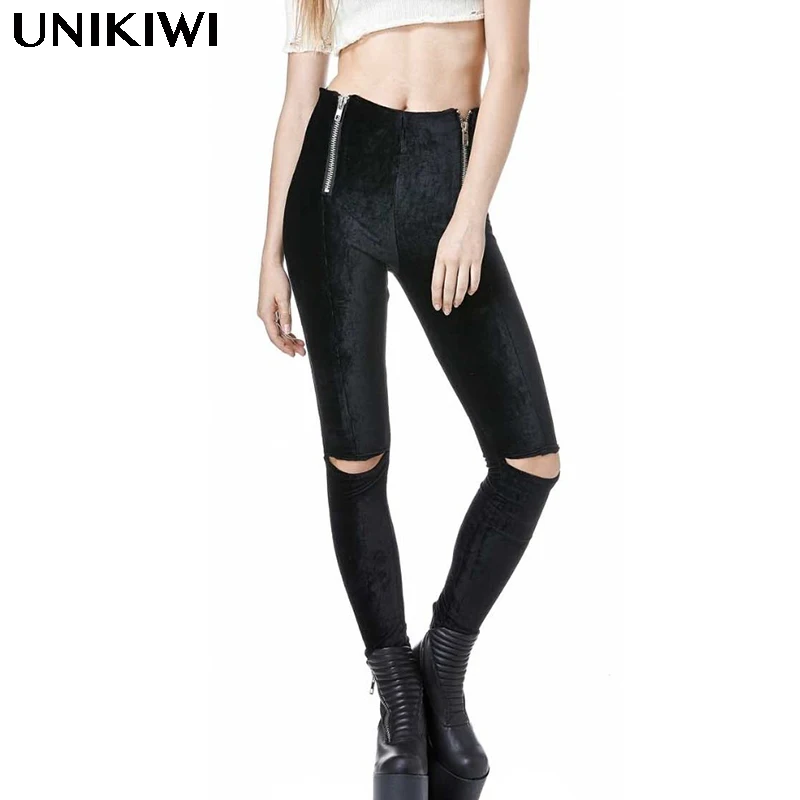 Chic Women's Casual Velvet Waist Zipper Knee Hole Leggings.Ladies