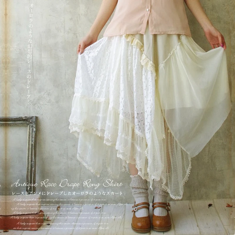 

Spring 2017 Lace Flower Hollow Out Patchwork Layered Ruffle Skirt Women Japanese Mori Girl Sweet Cotton Lace Skirt X040