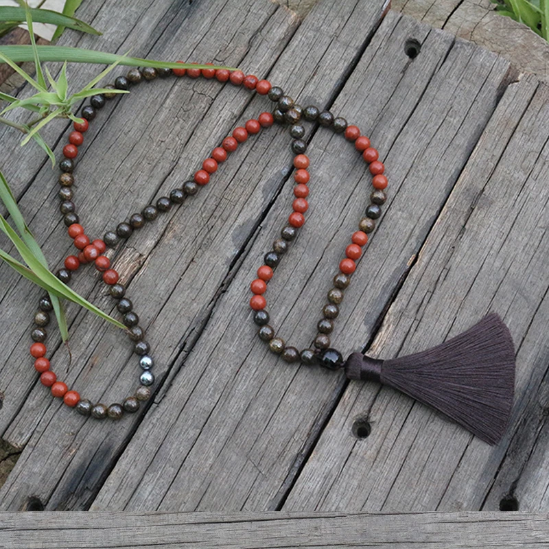 Günstig 100% 8mm, 6mm, 4mm, Natürliche Perlen, Bronzit, Rot Jasper, JapaMala, yoga Halskette, Spirituellen Schmuck, Meditation, 108 Mala Perlen