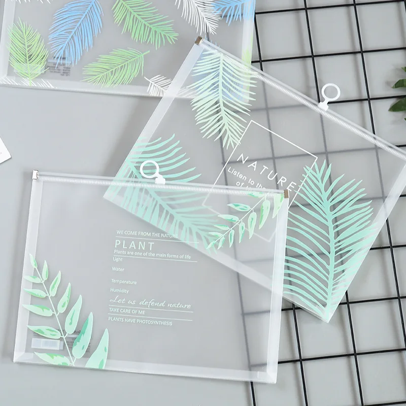 

A5 Document bag Green leaves style plastic zipper bag pencil bag file folder student stationery 2pcs/lot 18*23cm