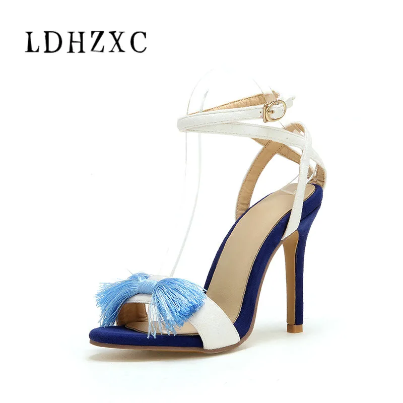 

LDHZXC Women Sandals Thin High Heel PU Leather Open Toe Buckle White Party Ladies Sandals Sexy Summer Size 34-45