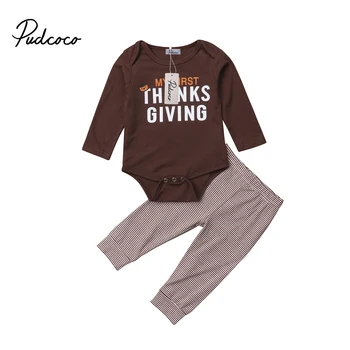 

2018 Newborn Baby Boy Girl Thanksgiving Turkey Clothes Bodysuit Tops+Striped Pants Legging Outfits 2pcs Children Clothing Set