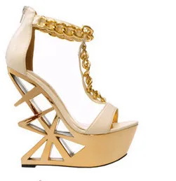 

Wedge heel Gold Chains Sandals T-strap platfrom high heel shoes 140mm hollow out heel Night club dress shoes