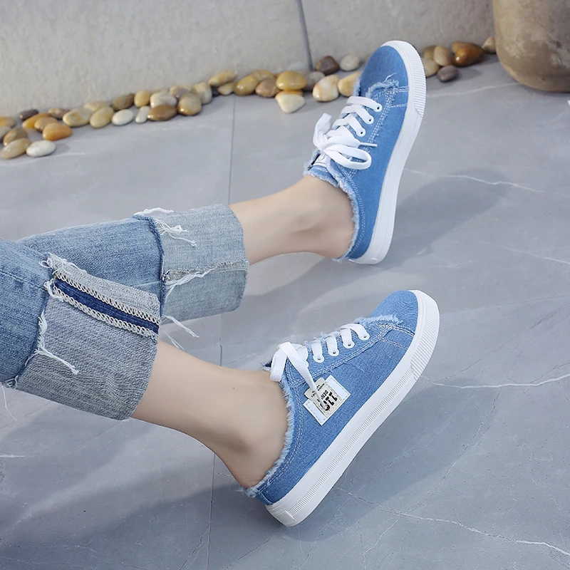 new summer single shoes breathable flat bottom half drag lazy one pedal versatile cloth shoes women's shoes