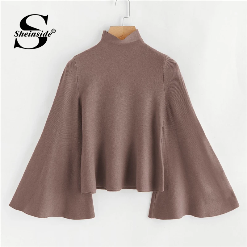Sheinside Ginger Burgundy Pink 3 Color Women Sweater Stand Collar Bell Sleeve Solid Jumper 2018 Autumn Elegant Knitted Sweaters Sheinside Ginger Burgundy Pink 3 Color Women Sweater Stand Collar Bell Sleeve Solid Jumper 2018 Autumn Elegant Knitted Sweaters