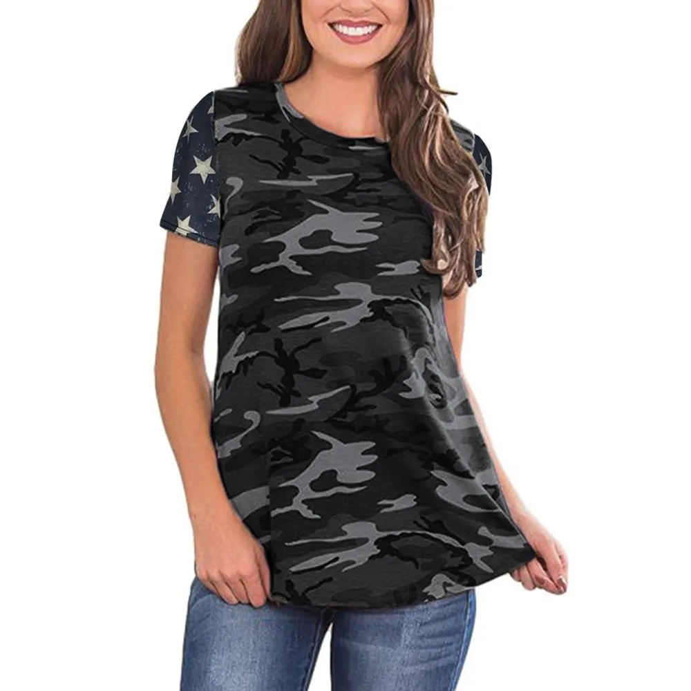 

Womens blouse Camouflage Five-pointed star sleeves striped back Print Short Sleeve Tops ladies Shirt Top blusas de mujer verano
