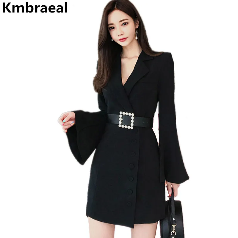 

Korean Ladies Black and White Blazers Autumn Women Single-breasted OL Long Blazers Coat Flare Long Sleeve Suit Jacket Outerwear