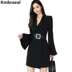 Корейский женский черный и белый блейзеры осенние женские однобортные OL длинные блейзеры пальто клеш длинный рукав костюм куртка верхняя