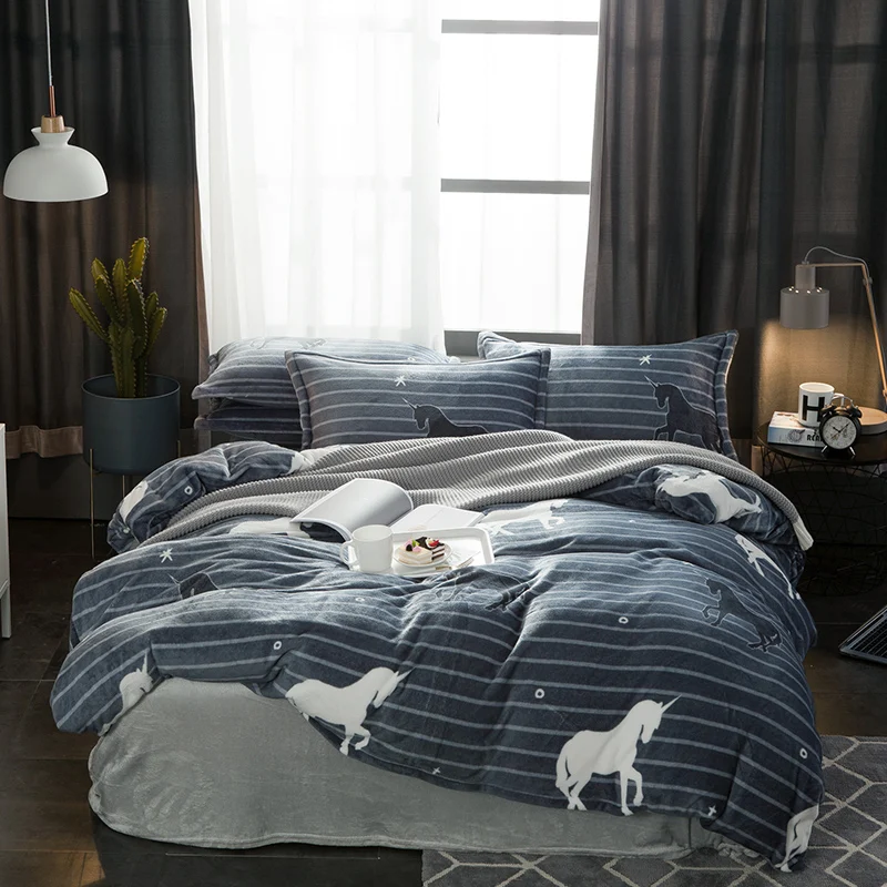 

IvaRose Unicorn printed Sheet Pillowcase and Duvet Cover Sets Fleece fabric Bedlinen Queen King Size Bedding Set