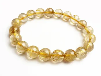 

Brazil Natural Gold Yellow Titanium Rutilated Quartz Bracelet 9.5mm Gemstone Clear Rutilated Quartz Crystal Round Bead Bracelet