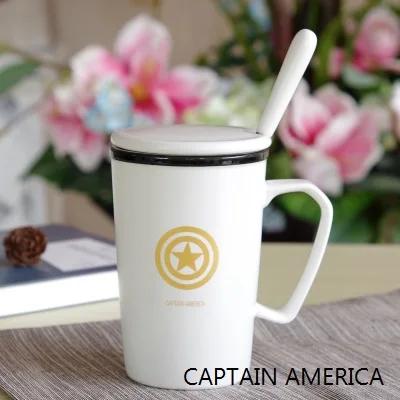 Captian America ULKNN Мстителей Лиги Новинка Творческий Молоко Кофе кружка с крышкой и ложкой Superman Spiderman Batman кружка высокое качество Керамика чашки - Цвет: Captian America