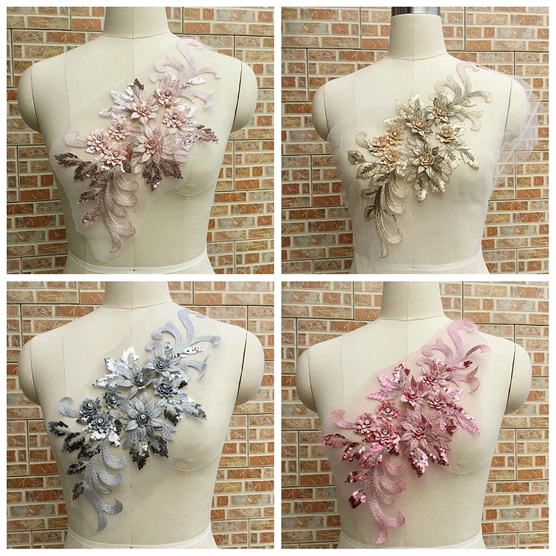 

1pc Beaded Sequins 3D Flowers DI Patch Lace Applique Sew On Patches Floral Patch Costume For Wedding Dress Decor LNY9180