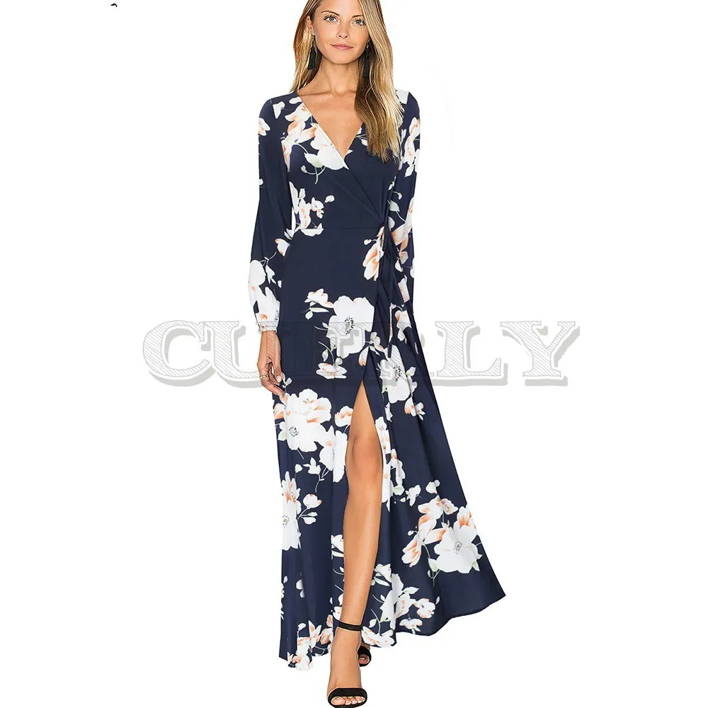 Image CUERLY Bohemian Causal Printed Flower Sexy V neck High Split CUERLY Maxi Women Party Flare Summer Beach Dress A092