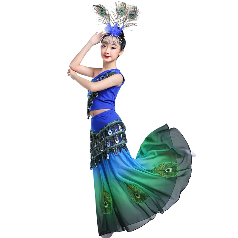 Детское традиционное индийское платье для танцев с павлином для девочек, костюм для танца живота с блестками, 2 предмета для девочек, детская Одежда для танцев для девочек, DWY1065