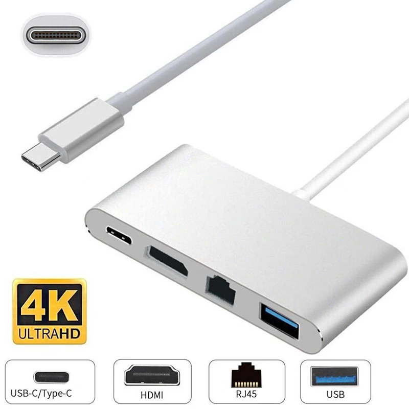 

2019 New USB C HUB For MacBook Air/Pro Type-C To 4K HDMI+Lan RJ45+USB 3.0+USB C 4 in 1 Portable HUB For Samsung Galaxy S10 Plus