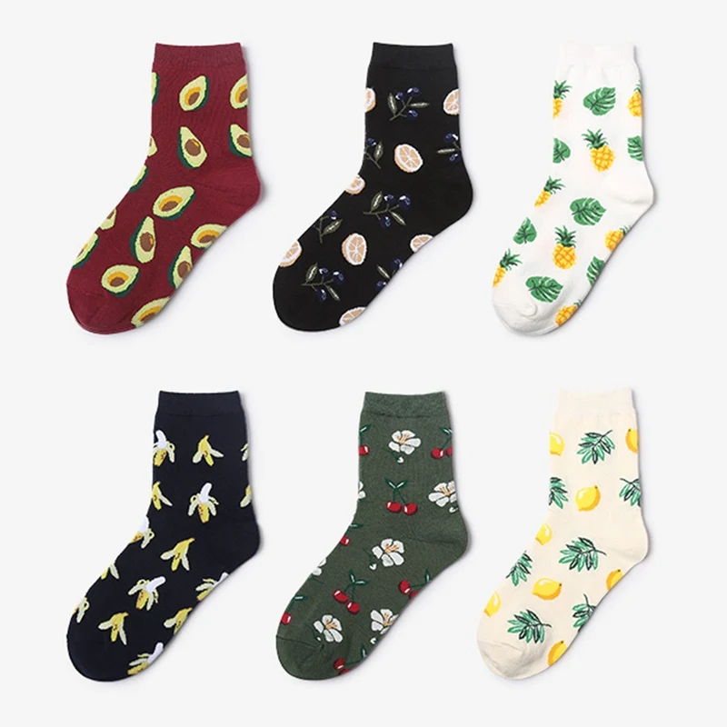 

2019 Fresh Fruits Socks Lemon Avocado Pineapple Cherry Blueberry Orange Gardenias Banana Flamingos Plumerias