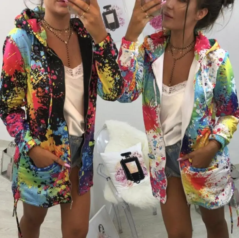 

2019Fashion tops women's dyed printed jackets sweatshirt hooded jacket casual pocket long-sleeved hooded long coat outerwear XXL