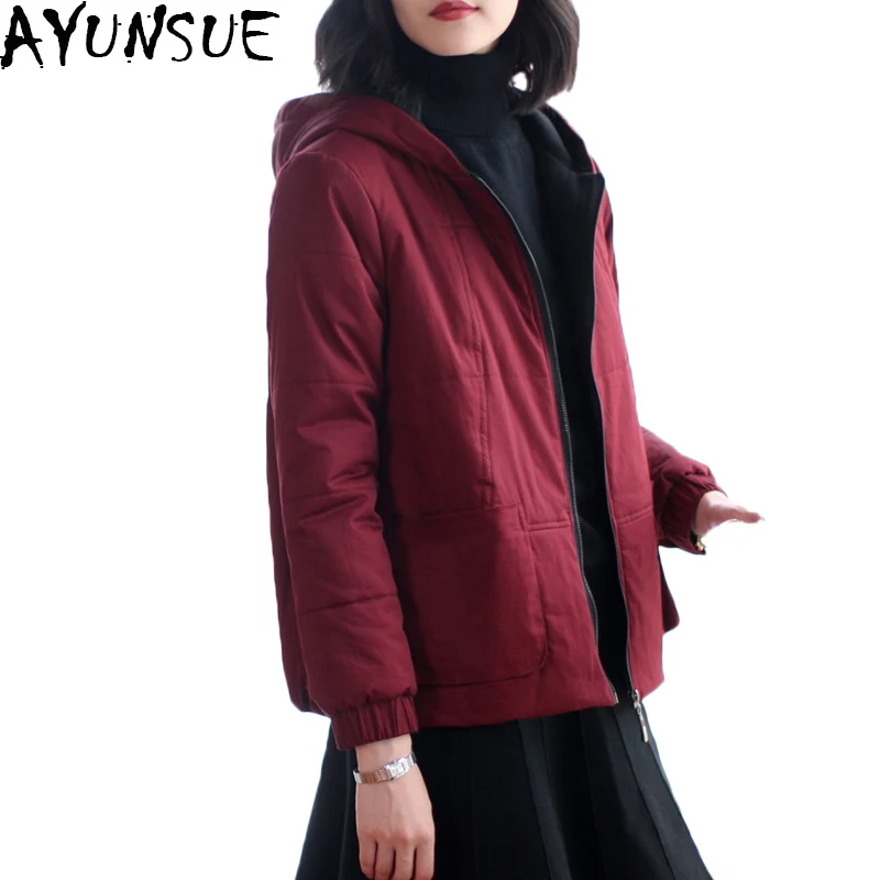 AYUNSUE/ зимняя куртка для женщин, парки, утепленная верхняя одежда, однотонные пальто с капюшоном, короткие женские, тонкие, с хлопковой подкладкой, плюс размер LX1130