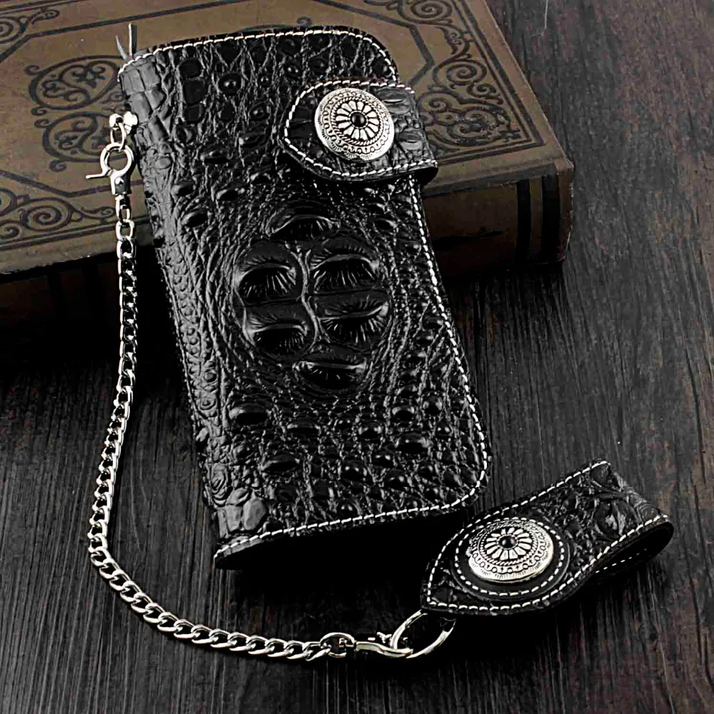 Men Gothic Skull Cross Genuine Leather Biker Punk Wallet Purse Chain UK Local