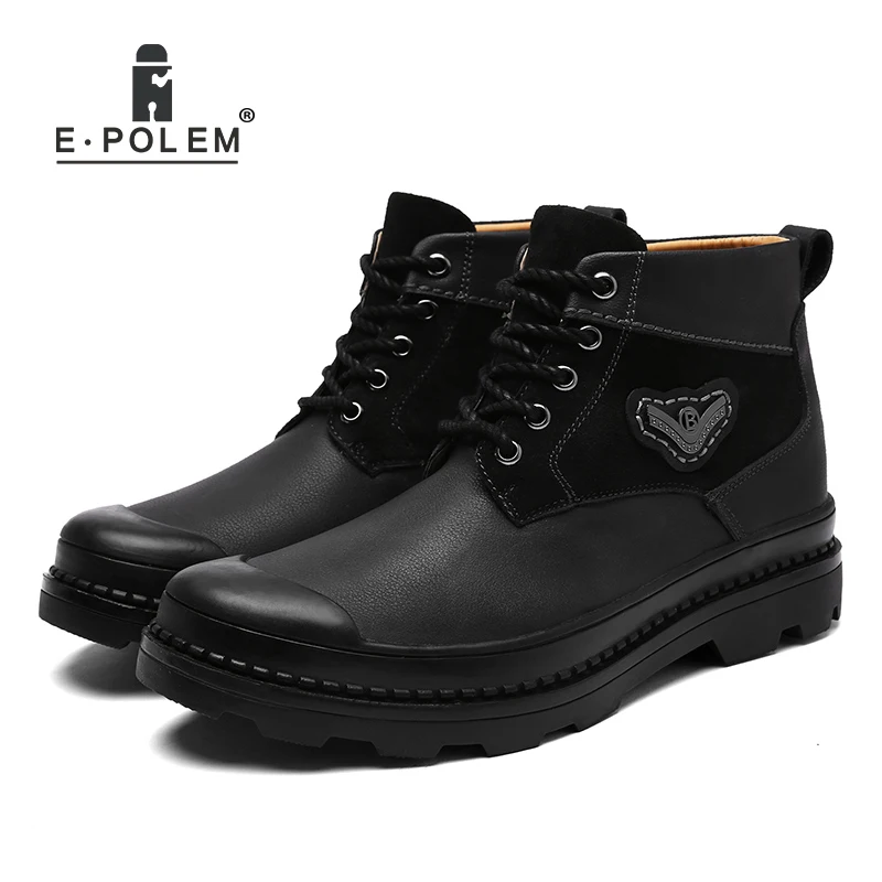 

E.POLEM Basic Double-Color Patterned Leather Patchwork Boots for Spring/Autumn Winter Velvet Lining Ankle Boots