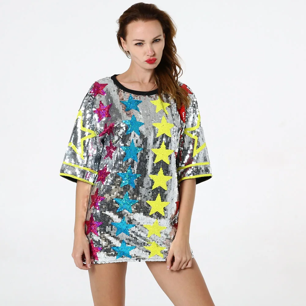 

2019 Women Streetwear Hip-hop Stars Sequins TShirt Short Sleeve Silver Party Loose T Shirt Festival Gothic Top