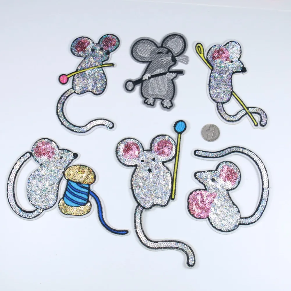 

6 Style Cartoon Mouse Sequin Embroidered Patch Funny Rat High quality Applique S on Patches for Clothing Kids Women Clothes