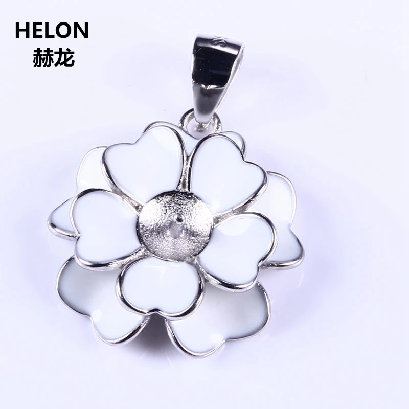 

Sterling Silver 925 Women Flower Semi Mount Pendant for Pearl or Round Bead Amber Agate Fine Jewelry Setting Cloisonne Enamel