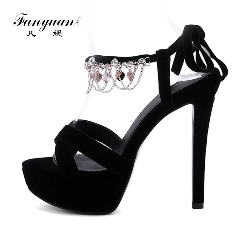 

Fanyuan Summer New Fashion String Beads Sandals Sexy Crystal Chain thin High Heels Ankle Strap Party Dress Wedding Women Shoes