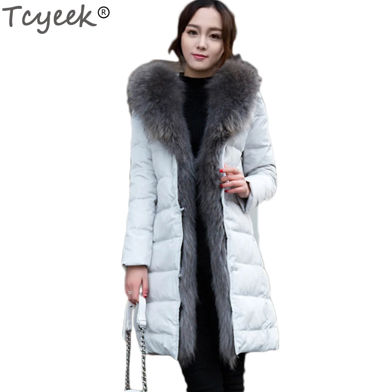 

Tcyeek Winter Jacket Women Parka 2019 White Duck Down Jackets Hood Pure Raccoon Fur Collar Thick Coat Windproof Outwear HJ308