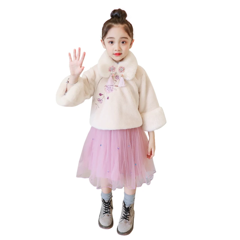 

2019 new spring chineses 2pcs sets artificial fur coats+tulle skirt ourfits age for 1-10 yrs baby girl thick warm winter clothes