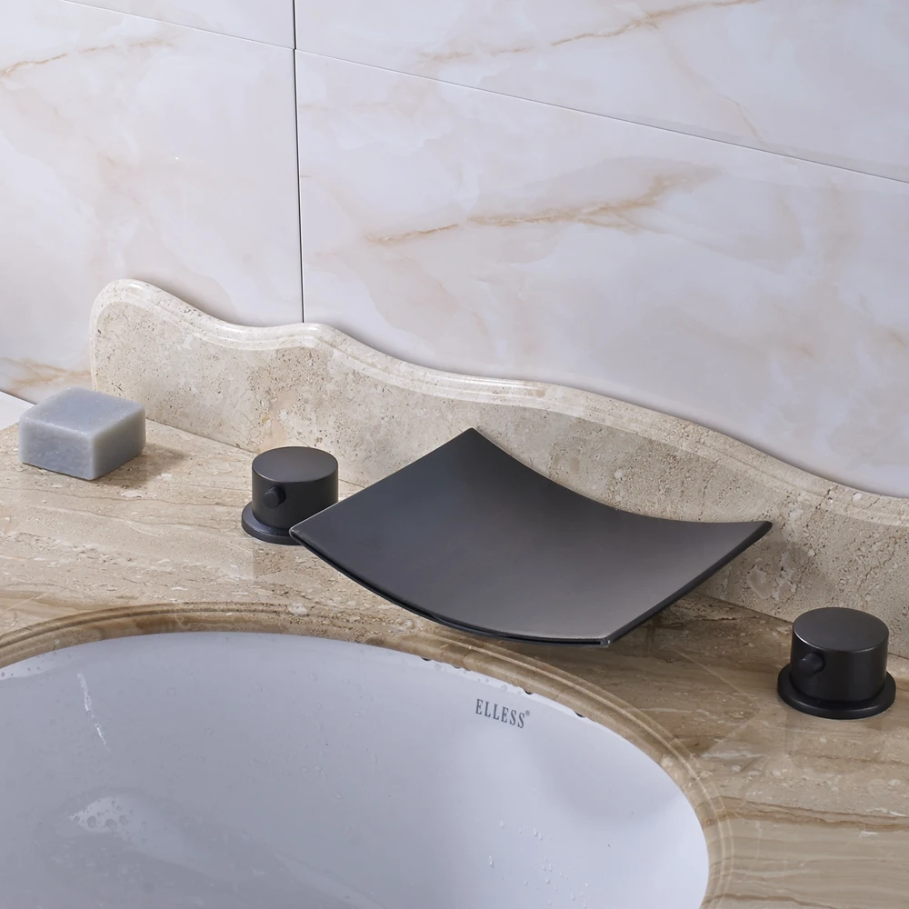 

Big Square Waterfall Dual Handles Bathroom Sink Faucet Mixer Tap Oil Rubbed Bronze Finish