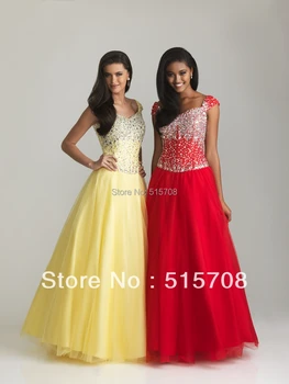 

Yellow Red Elegant A line Cap Sleeve Red Yellow Tulle Floor Length Shining Beads Cheap Long Formal Party Evening Prom Dresses