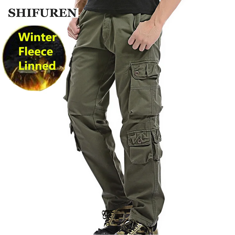Kopen SHIFUREN Winter Fleece Mannen Cargo Broek Losse Fit Multi pocket Mannelijke Dubbellaags Dikker Warm Militaire Broek Plus Size 29 40