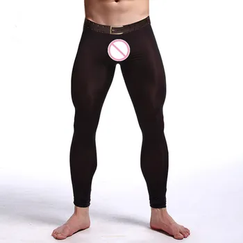 

Men Sexy Ultra-thin Transparent Pouch Ice Silk Pants Mens Home Lounge Pants The belt design Sleepwear 2017 Fashion Brand