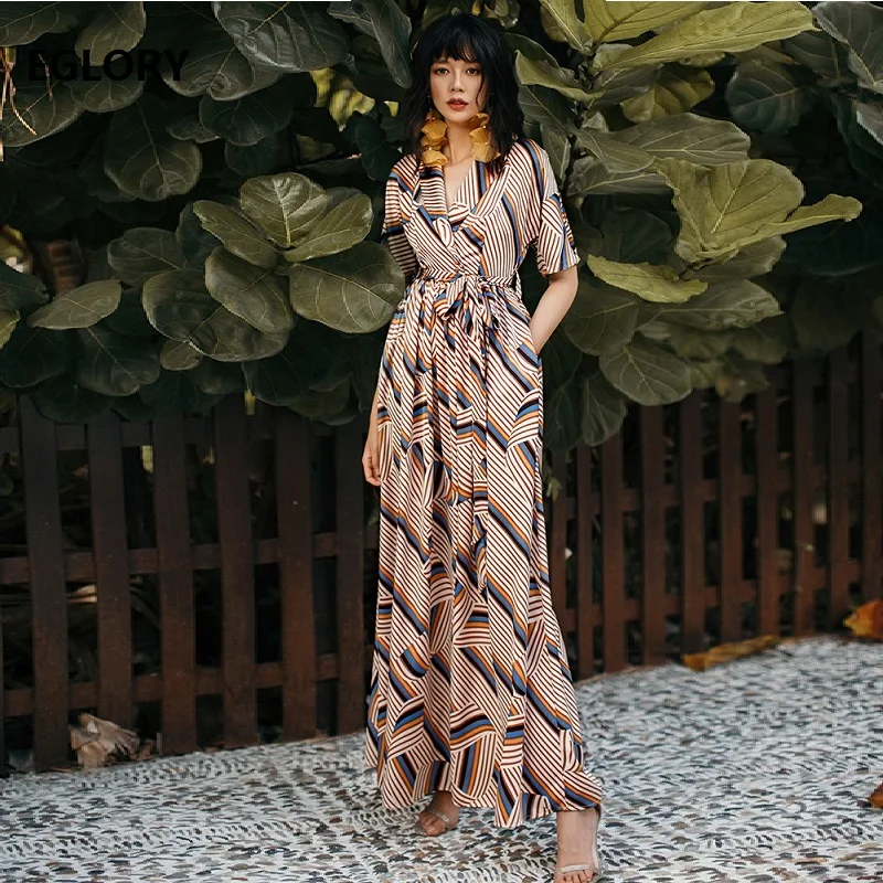 

2019 Summer Long Dress High Quality Women Notched Collar Striped Print Belt Pockets Patchwork Short Sleeve Long Beach Maxi Dress