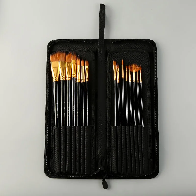 15 комплектов/набор+ сумка для ручек многофункциональная Студенческая Акварельная меловая кисть для акварели нейлоновая шерстяная краска принадлежности художественные Кисти - Цвет: 15 long-pole brushes