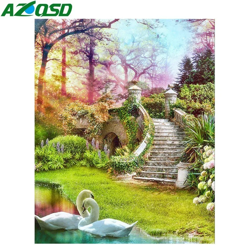 

AZQSD Swan Diamond Painting Garden Decor Diamond Embroidery Landscape Diamond Mosaic Home Art Gift Full Square Drill