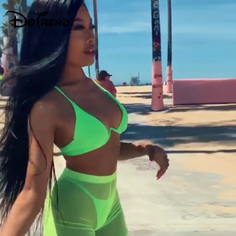 

Dotrend Neon Green Mesh Bra + Biker Shorts 2 Piece Outfits for Women Tracksuit Summer Two Piece Set Sweat Suits Drop Shipping