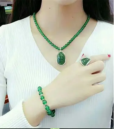 Халцедон, инкрустированный с 925 серебряным necklace ем, живое кольцо, браслет, три набора, женский ювелирный подарок