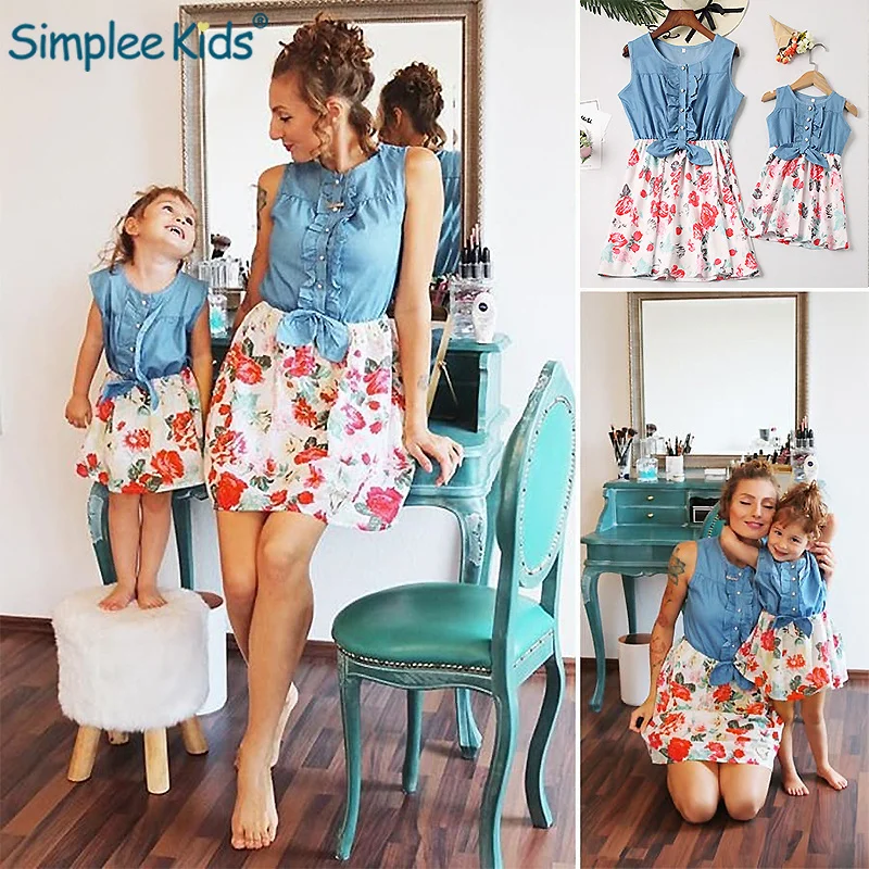 

Mother and Daughter Clothes Family Matching Outfits Jeans Floral Dress Summer Chiffon Girl Women Boho Loose Dress Sundress 2019