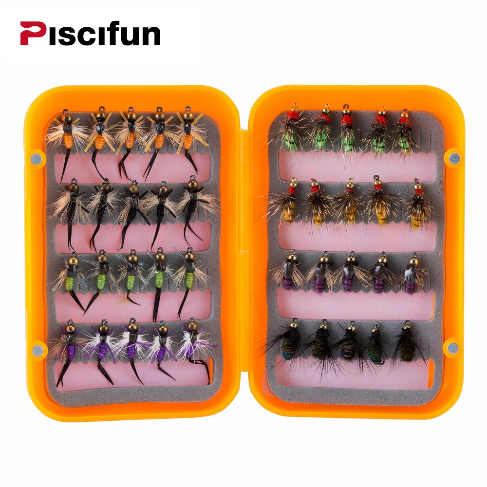 Piscifun 40pcs Wet Flies Fly Fishing flies Kit Bass Salmon Trouts Sinking Assortment with Fly Box Free shipping