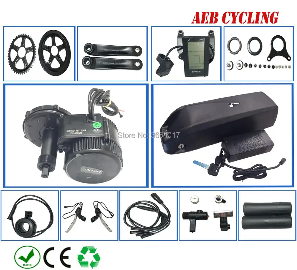 

Free shipping 8FUN/Bafang BBS02B 48V 500W mid drive motor kits with Lithium ion 48V 12.8Ah Hailong down tube battery pack